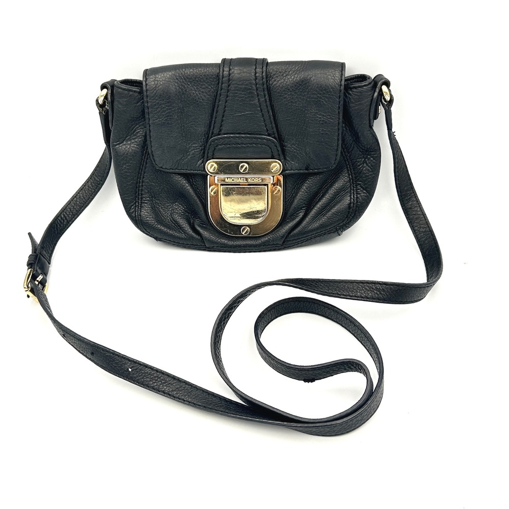 Michael Kors‎ Black Leather Crossbody Bag Womens Small Gold Hardware Y2K Chic